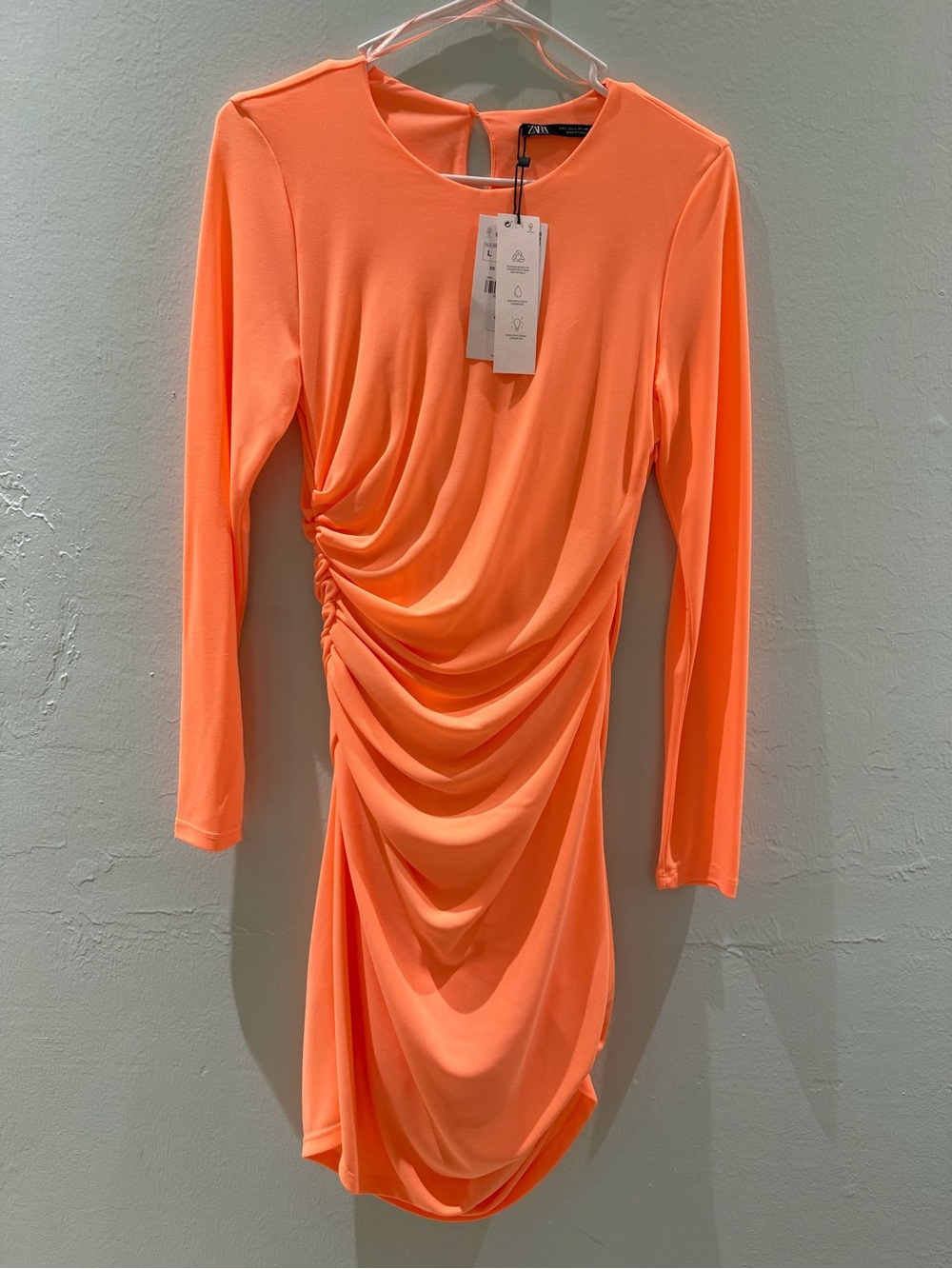 Zara Neon Orange Long Sleeve Ruched Midi Dress